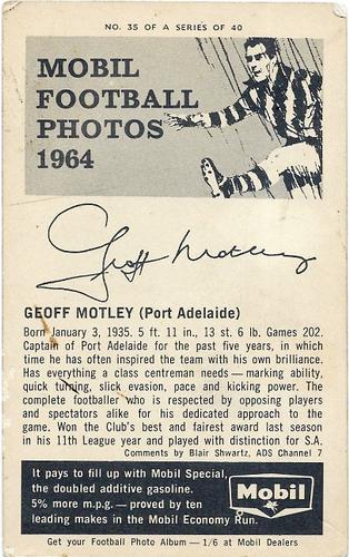 1964 Mobil Football Photos SANFL #35 Geof Motley Back